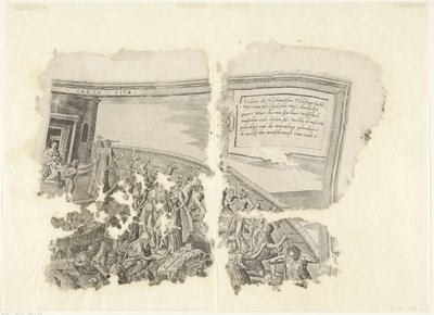 Övre högra hörnet av ett tryck av scenen av Cebes Tabula Cebetis Carta Vitae (titel på objekt) av Philips Galle