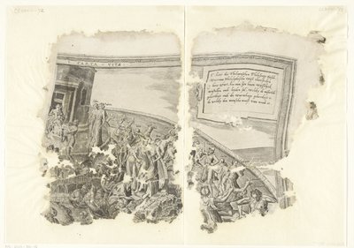 Det övre högra hörnet av ett tryck av scenen av Cebes Tabula Cebetis Carta Vitae (titel på objekt) av Philips Galle