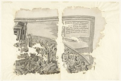 Det övre högra hörnet av ett tryck av scenen av Cebes Tabula Cebetis Carta Vitae (titel på objekt) av Philips Galle