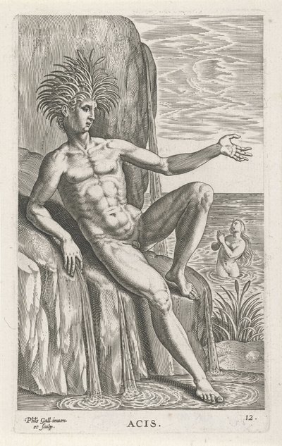 Riviergod Acis Ess (titel på objekt) Rivier- en zeegoden (serietitel) Eleganta porträtt av de marina halvgudarna och Amnicus-sälarna (serietitel) av Philips Galle
