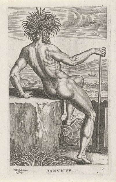 Riviergod Donau Danvbivs (titel på objekt) Rivier- en zeegoden (serietitel) Eleganta porträtt av de marina halvgudarna och Amnicus-sälarna (serietitel) av Philips Galle