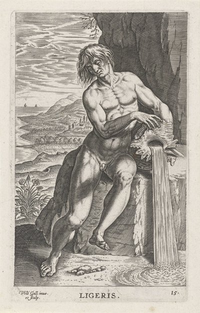 Riviergod Ligeris Ligeris (titel på objekt) Rivier- en zeegoden (serietitel) Eleganta porträtt av de marina halvgudarna och Amnicus-sälarna (serietitel) av Philips Galle
