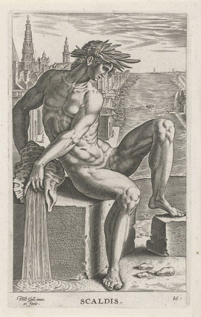 Riviergod Scaldis Scaldis (titel på objekt) Rivier- en zeegoden (serietitel) Eleganta porträtt av de marina halvgudarna och Amnicus-sälarna (serietitel) av Philips Galle