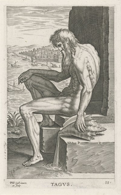 Riviergod Tejo Tagvs (titel på objekt) Rivier- en zeegoden (serietitel) Eleganta porträtt av de marina halvgudarna och sjölejonen (serietitel) av Philips Galle