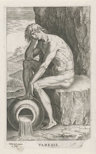 Riviergod Thames Thames (titel på objekt) Rivier- en zeegoden (serietitel) Eleganta porträtt av de marina halvgudarna och Amnicus-sälarna (serietitel) av Philips Galle