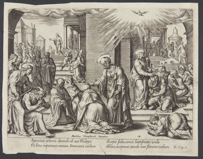 Sankt Petrus, Sankt Johannes och Sankt Filip lägger händerna på de döpta i Samaria av Philips Galle