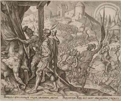 Upptäckten av Holofernes lik, plansch åtta ur The Story of Judith and Holofernes av Philips Galle