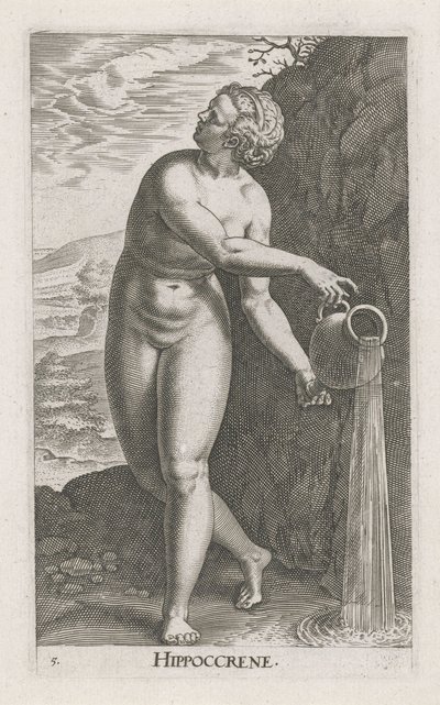 Waternimf Hippocrene Hippocrene (titel på objekt) Stroom - en vattennymf (serietitel) Nympharum oceanitidum, Ephydridum potamidum naiadum (serietitel) av Philips Galle