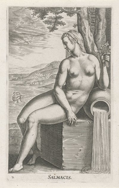 Vattennymf Salmacis Salmacis (titel på objekt) Stroom en waternimfen (serietitel) Oceanitidnymfer, epihidrid potamidus naiad (serietitel) av Philips Galle