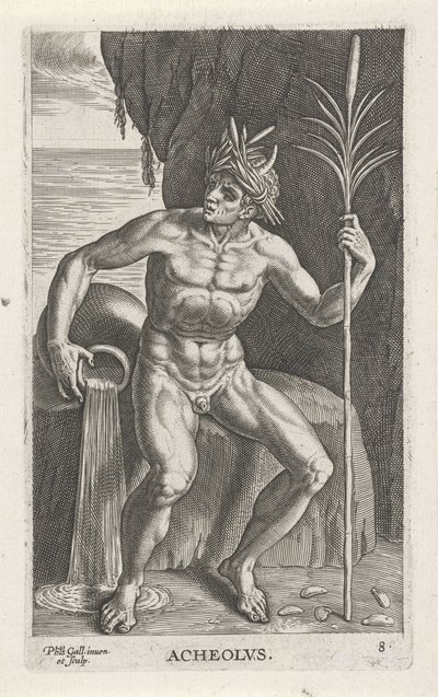 Zeegod Achelous Acheolvs (titel på objekt) Rivier- en zeegoden (serietitel) Eleganta porträtt av de marina halvgudarna och sjölejonen (serietitel) av Philips Galle