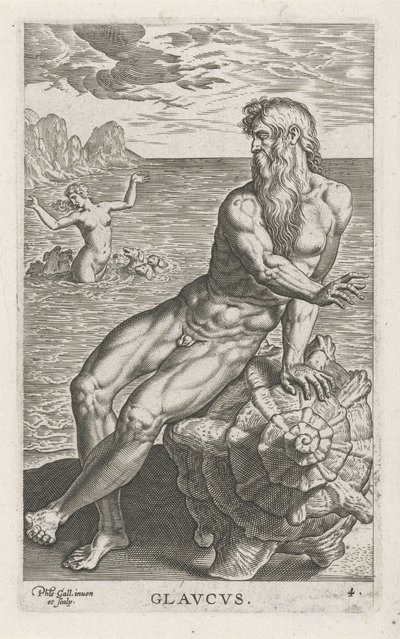 Zeegod Glaucus Glavcvs (titel på objekt) Rivier- en zeegoden (serietitel) Eleganta porträtt av de marina halvgudarna och sjölejonen (serietitel) av Philips Galle