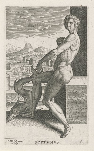 Zeegod Portunus Portvnvs (titel på objekt) Rivier- en zeegoden (serietitel) Eleganta porträtt av de marina halvgudarna och Amnicus-sälarna (serietitel) av Philips Galle