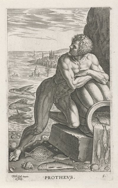 Zeegod Protheus Prothevs (titel på objekt) Rivier- en zeegoden (serietitel) Eleganta porträtt av de marina halvgudarna och sjölejonen (serietitel) av Philips Galle