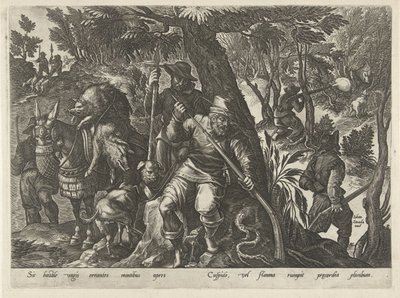 Zwijnenjacht met geweren Jachttaferelen (serietitel) Där alla typer av jakt, fågelfågel och fiske (serietitel) av Philips Galle