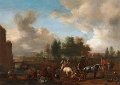 Hästar vid vattenstället: ett landskap av Philips Wouwerman