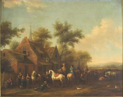 Landskap med ryttare som vilar utanför ett värdshus av Philips Wouwerman