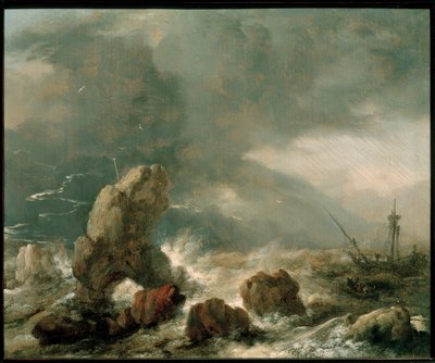 Stormigt hav med tre fartyg i nöd av Philips Wouwerman
