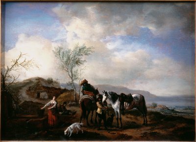Två ryttare nära en fontän av Philips Wouwerman
