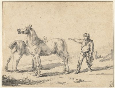 Två hästar, en kissar och den andra gnäller, och en stående man med höger arm upplyft av Philips Wouwerman