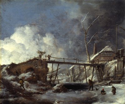 Vinterlandskap med träbro av Philips Wouwerman