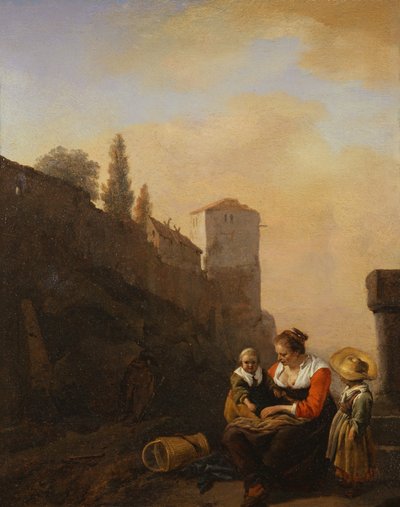 En bonde och två barn vilar framför ett torn i Italien (olja på duk) av Philips Wouwermans or Wouvermans