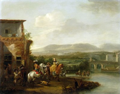 En elegant ridfest utanför en gård vid en flod (olja på duk) av Philips Wouwermans or Wouvermans