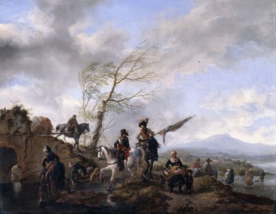 Ett vidsträckt flodlandskap med soldater och en fanbärare som vattnar sina hästar, av Philips Wouwerman