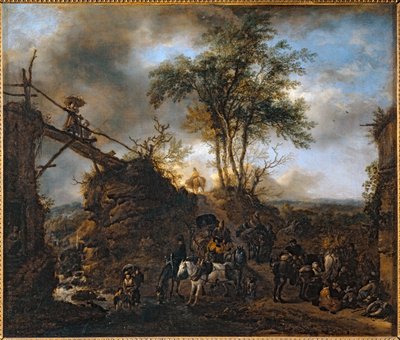 Träbro över bäcken ... av Philips Wouwermans or Wouwerman