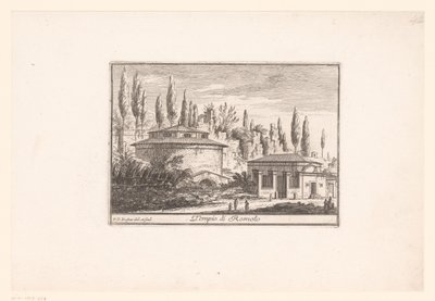 Utsikt över Romulus tempel Tempio di Romolo (titel på objekt) Utsikt över det antika och moderna Rom (serietitel) Varie Vedute di Roma Antica, e Moderna (serietitel) av Philothée Francois Duflos