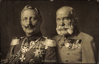 Ak Kejsar Wilhelm II av Preussen med kejsar Franz Josef I av Österrike, lojalitet (svartvitt foto) av Photographer German