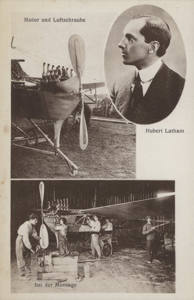 Franske flygaren Hubert Latham och hans flygplan (s/v foto) av Photographer German
