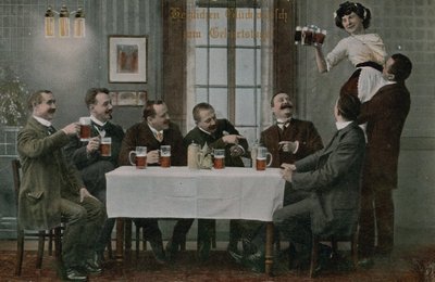 Vykort med tyskar som dricker öl och har roligt med servitrisen, skickat 1913 (handkolorerat foto) av Photographer German