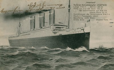 Det tyska linjefartyget, Vaterland. Vykort skickat 1913. av Photographer German