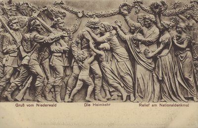 Hemkomsten, relief på Nationaldenkmal, monument till minne av Tysklands enande, Rudesheim am Rhein, Hessen (s/v foto) av Photographer German