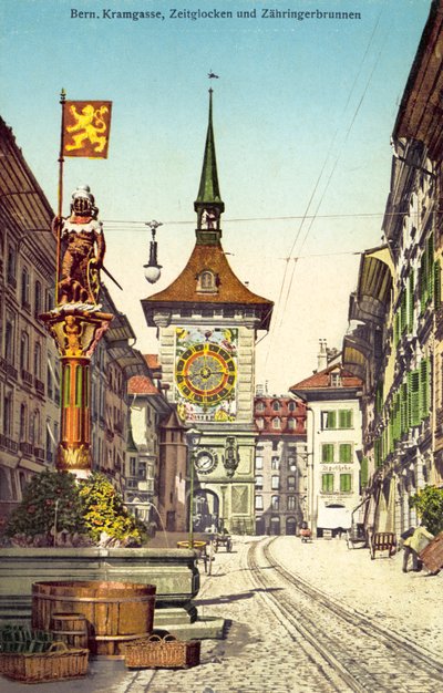 Klocktornet Zytglogge och fontänen Zahringerbrunnen, Kramgasse, Bern Schweiz (färgfoto) av Photographer Swiss