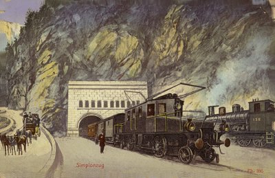 Tåg vid infarten till Simplontunneln (färgfoto) av Photographer Swiss