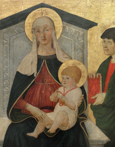 Jungfrun och barnet med Saint Laurent, Saint Peter Martyr, Saint Evangelist och Saint Blaise, detalj. (målning) av Pier Francesco Fiorentino