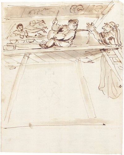 En karikatyr av Pier Francesco Mola som avbryter Giovanni Battista Passeri som målar en takdekoration av en liggande Venus av Pier Francesco Mola