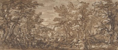 Skogsscen, ett stopp till vänster, en jakt i centrum, 1612-66. av Pier Francesco Mola