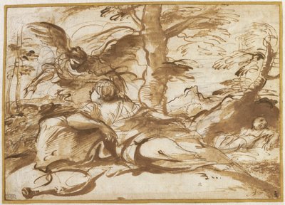 Ängeln som uppenbarar sig för Hagar i öknen (recto), ca 1660 (tusch och teckning) av Pier Francesco Mola