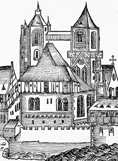 Montecassino Abbey, tyskt träsnitt, från Nuremberg Chronicle (Liber Chronicarum) av Hartmann Schedel av Blaise Nicolas Le Sueur
