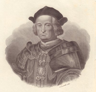 Porträtt av den italienska militärledaren och politikern Gian Giacomo Trivulzio (1440-1518), kopparstick av Locatelli av Blaise Nicolas Le Sueur