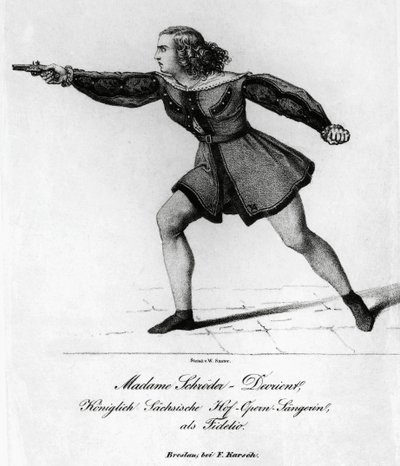 Porträtt av Wilhelmine Schroder-Devrient (1804-1860), tysk sopran, i rollen som Leonora i Fidelio eller Conjugal Love, av Ludwig van Beethoven (1770-1827), gravyr av Blaise Nicolas Le Sueur