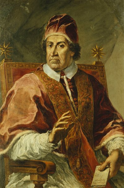 Porträtt av påven Clement XI, sittande halvlängd, iklädd påvliga dräkter, håller ett brev, av Pier Leone Ghezzi
