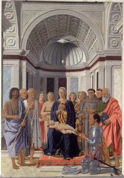 Madonna och barn och heliga, änglar och Fredrik av Montefeltro av Piero dellaFrancesca