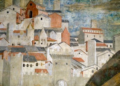 Detalj av drottningen av Saba som tillber bron gjord av det sanna korsets trä, Jerusalem, färdig 1464 freskdetalj av 55432 av Piero della Francesca