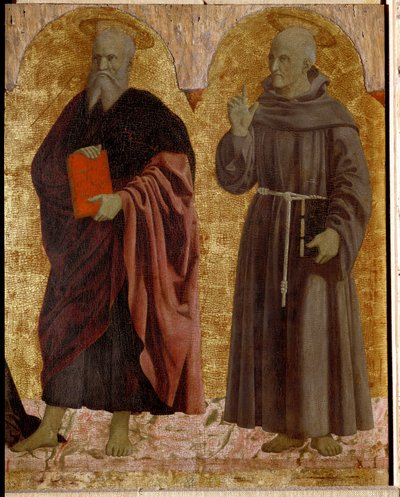Polyptic of Misericorde: Jungfrun från Misericorde, omgiven av helgon. Detalj som föreställer Saint Andre och Saint Bernardino av Siena (Bernardino da Siena eller Bernardino degli Albizzeschi av Piero della Francesca