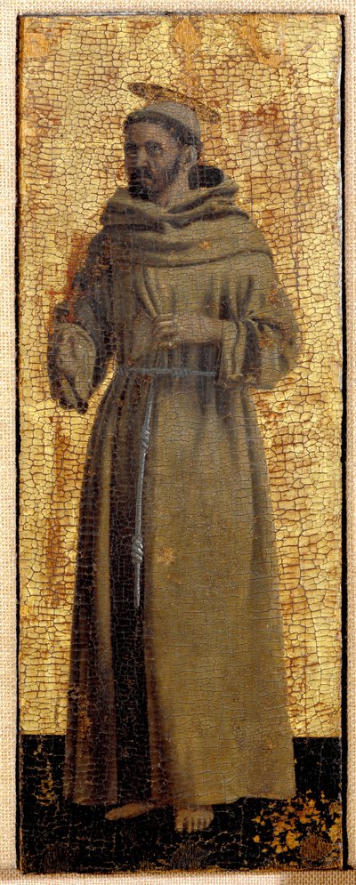 Polyptic of Misericorde: Jungfrun från Misericorde, omgiven av helgon. Detalj som föreställer Saint Francois av Assisi. Målning på trä av Piero della Francesca (1415/20-1492) 1445-1460 Dim. 54x21 cm Sansepolcro, Pinacoteca Comunale av Piero della Francesca