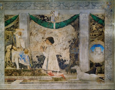 Sigismondo Pandolfo Malatesta, härskare i Rimini, knäböjer framför sin beskyddare, Sankt Sigismund, helgonförklarad kung av Burgund (freske) av Piero della Francesca