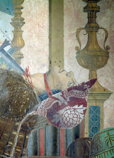 Legenden om det sanna korset, slaget vid Heraclius och Chosroes, detalj av en man som fått halsen avskuren, färdig fresk från 1464 av Piero della Francesca